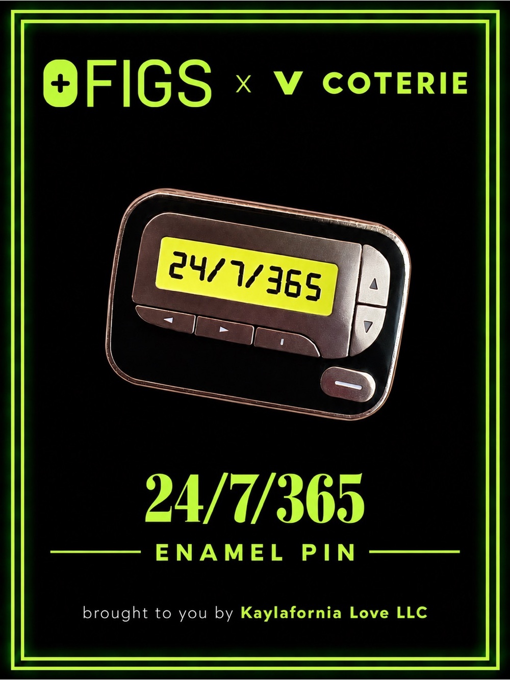 NWT FIGS x V Coterie 24/7/365 Pager Enamel Pin Black Silver Lime Green